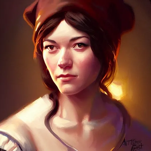 Prompt: a portrait digital painting of mary elizabeth winstead as a medieval bar maid in a tavern at night. painted by artgerm, ross tran.