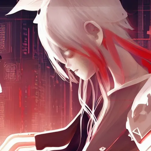 Image similar to luxury advertisement, white and red colors. highly detailed post-cyberpunk sci-fi close-up schoolirl in asian city in style of cytus and deemo, mysterious vibes, by Ilya Kuvshinov, by Greg Tocchini, nier:automata, set in half-life 2, beautiful with eerie vibes, very inspirational, very stylish, surrealistic, perfect digital art, mystical journey in strange world, bastion game