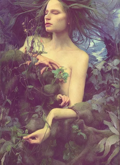Image similar to queen of the garden, wind swept hair, murky underwater and dreaming by jeremy lipkin, vincent di fate, hieronymus bosch, rule of thirds, seductive look, beautiful