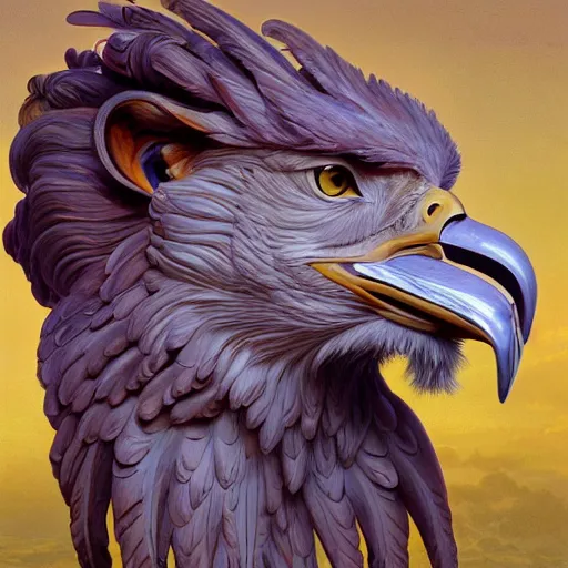 Prompt: a realistic oil painting of a winged lion's body with the head of an eagle and a beak, in an ancient egyptian temple, at purple sunset, highly detailed, trending on artstation, by james gurney and michael whelan and krenz cushart and alphonse mucha