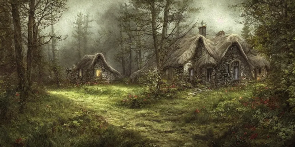 Image similar to a painting of a cottage in the woods and empty woods, 8k, fantasy, hyper realistic, atmospheric, cinematic