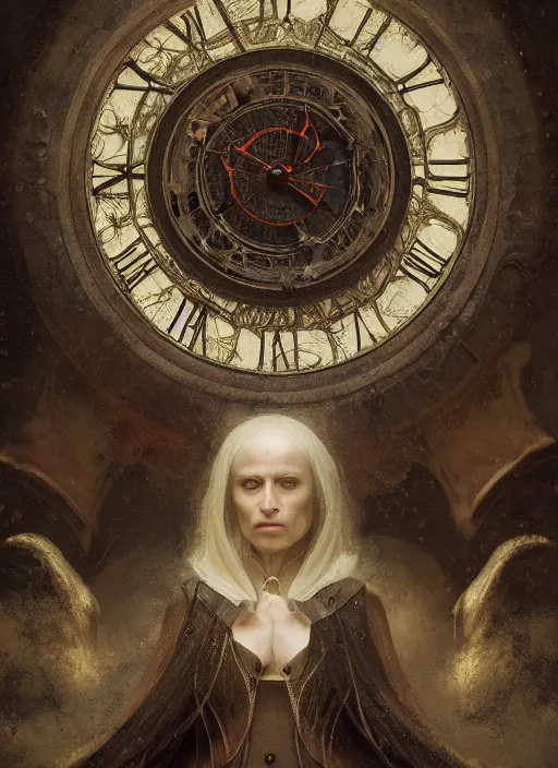 Image similar to portrait of a women who invented time in darkness, modern fine art, fractal, intricate, elegant, highly detailed, digital photography, subsurface scattering, by jheronimus bosch and greg rutkowski,