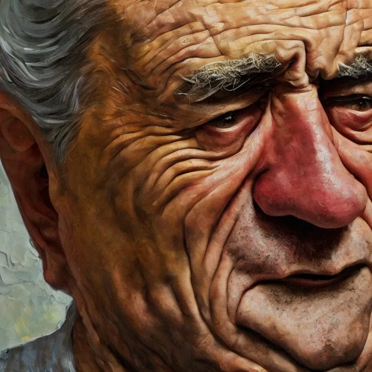 Image similar to close up studio portrait of aging old Robert De Niro age 115 wrinkled angry, shiny impasto oil painting by Lucian Freud and Tim Hawkinson and Cy Twombly, trending on artstation Studio lighting Expressionism