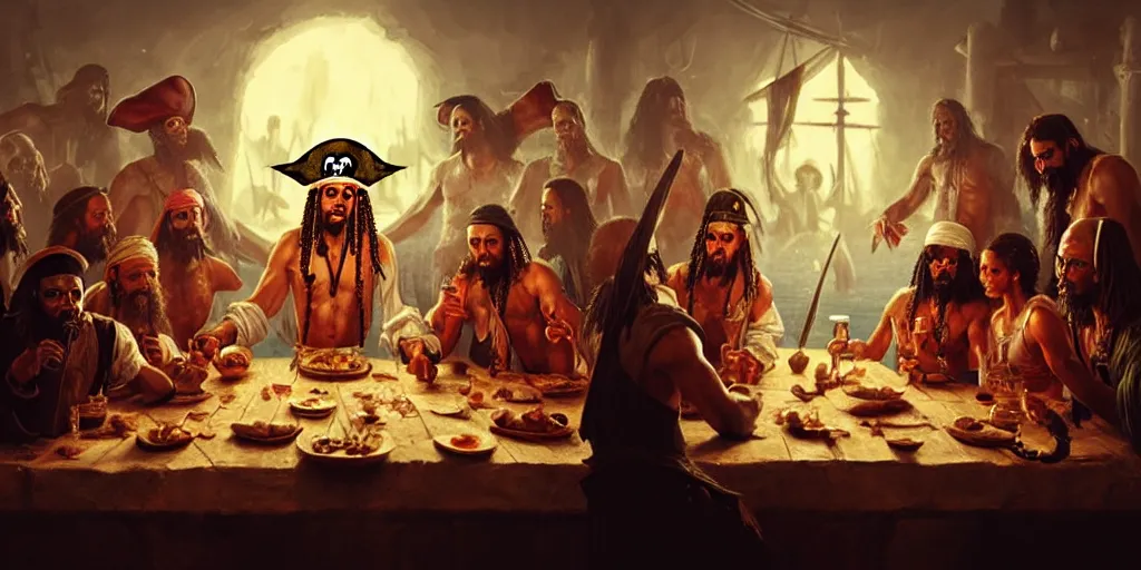 Image similar to pirate of the carribean last supper by greg rutkowski, digital painting, trending on artstation, sharp focus, 4 k