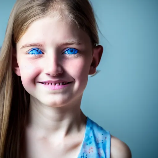 Image similar to headshot portrait, a girl with blue eyes and tear on his cheek, smiling, cute nose, perfect faces, fine details, by martine, by johanna,, 4 k,