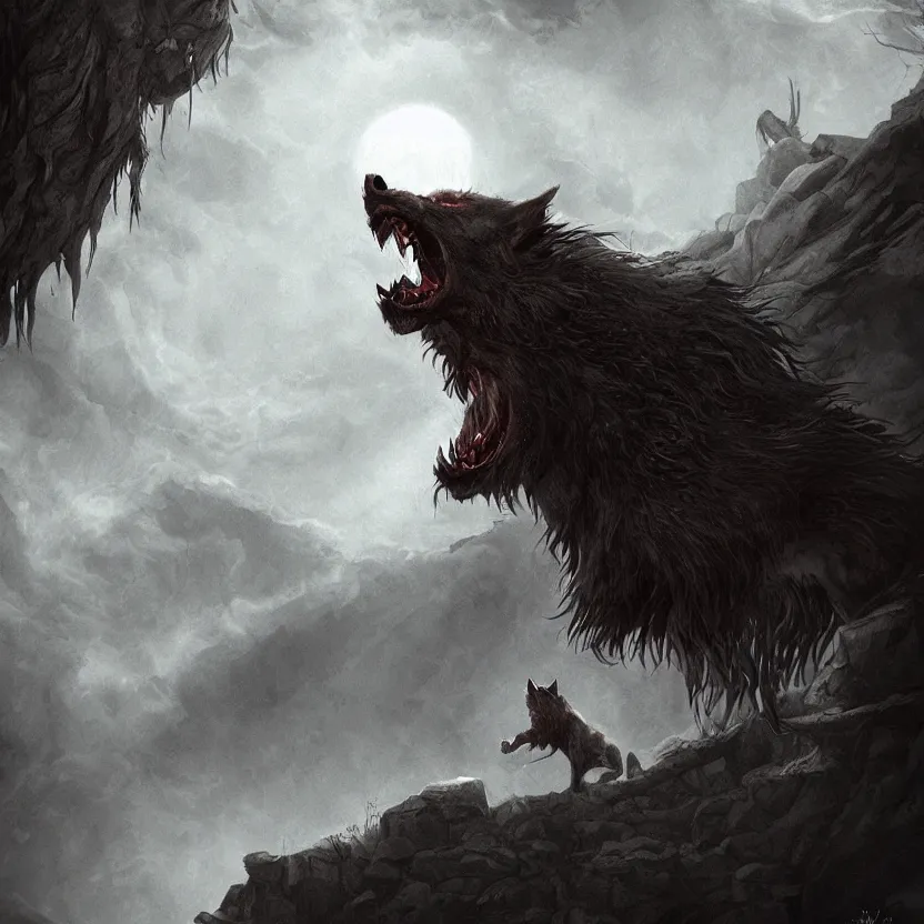 Image similar to a demonic werewolf howling in a cliff at night, scary, eerie, artstation, digital art,