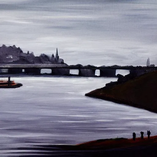 Image similar to very abstract painting of the rhine in basel, very rough brush strokes, the munster in the background, muted greyscale colors, great composition