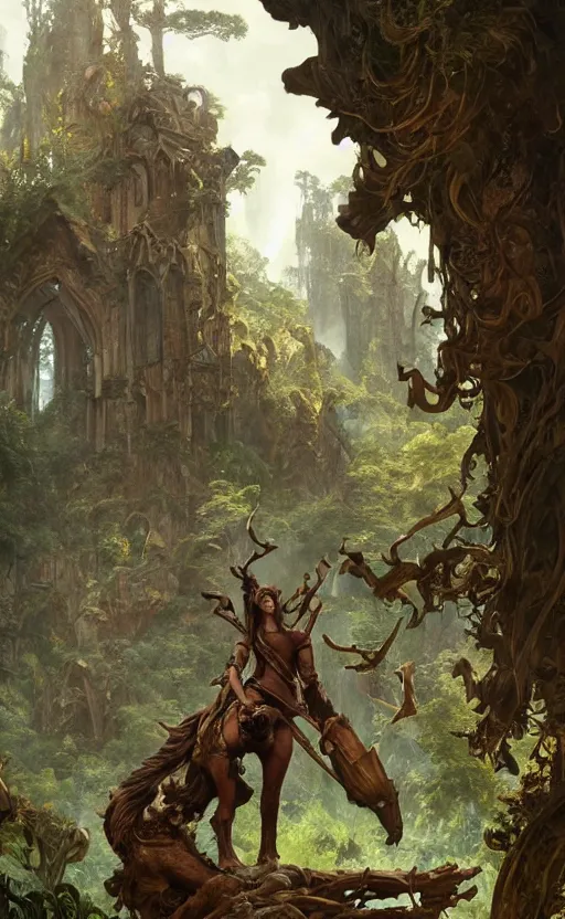 Prompt: wood elf surrounded by animals ruins landscape, d & d, fantasy, intricate, highly detailed, digital painting, artstation, octane render, concept art, matte, sharp focus, illustration, hearthstone, art by artgerm and greg rutkowski and alphonse mucha