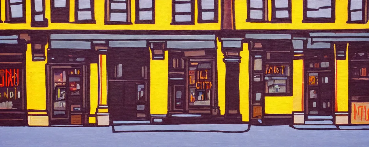 Image similar to painting of a building facade. storefronts. city block. new york.