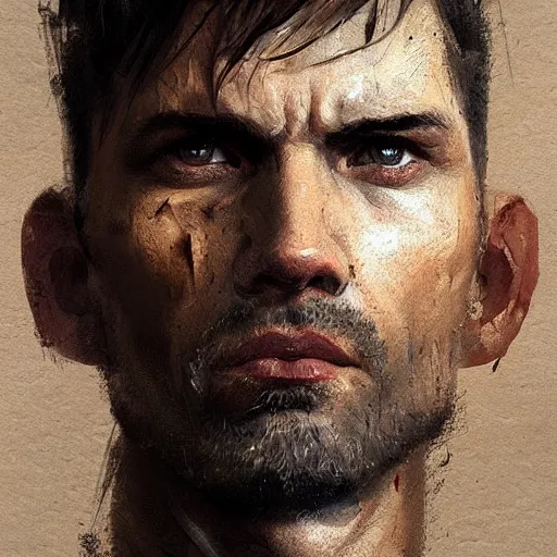 Image similar to Portrait of a man by Greg Rutkowski, he is about 40 years old, southern slav features, messy brown short hair, strong and tall, tired expression, he is a black tank top, highly detailed portrait, digital painting, artstation, concept art, smooth, sharp foccus ilustration, Artstation HQ.