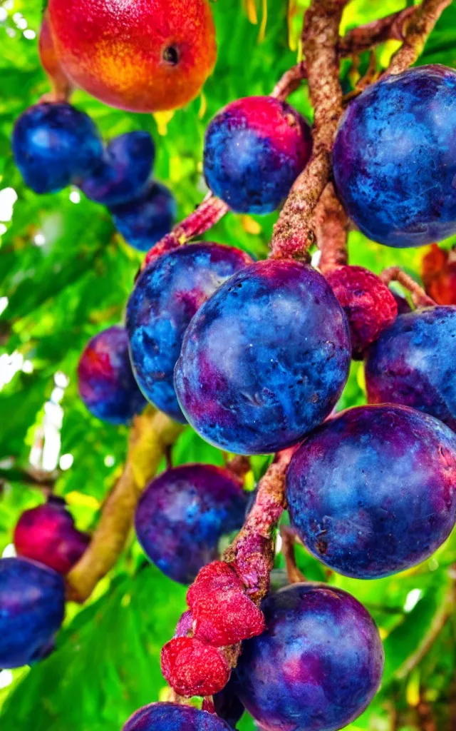 Image similar to a macro shot of a fruit hanging on a tropical tree, it is very colorful but has mainly shades of blue and violet, it looks poisonous but tasty