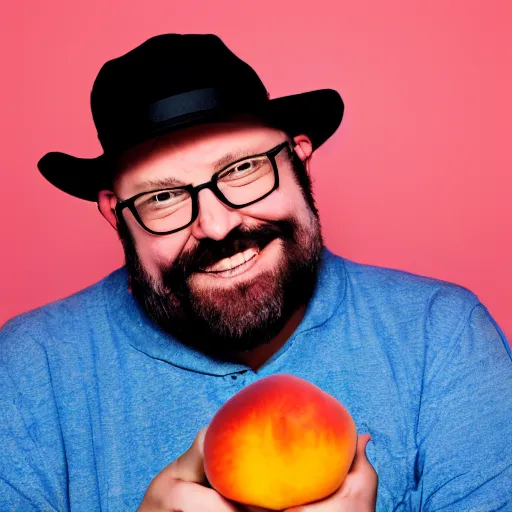 Prompt: photo of bald overweight middle - aged man with beard and glasses without shirt eating a peach in front of a blue background