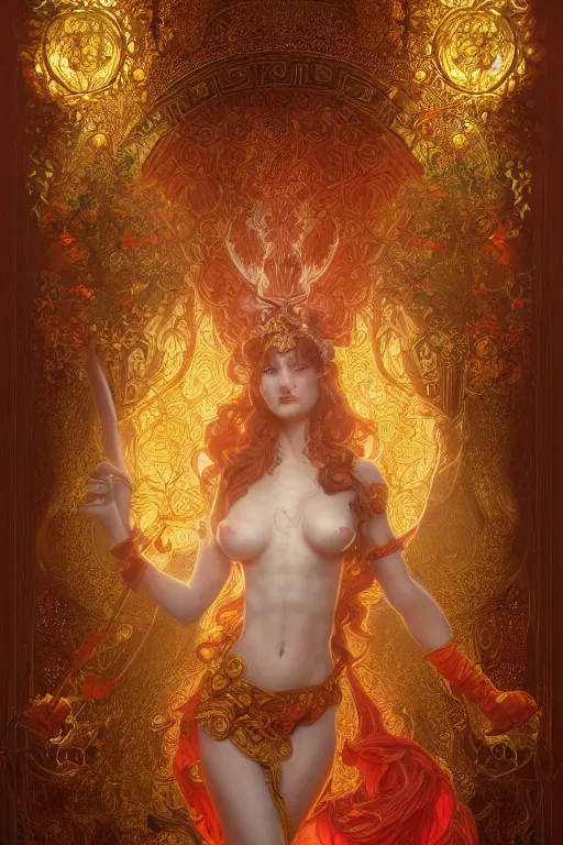 Prompt: tarot card artstation, portrait of a love dancer, sunrise, baroque ornamnet and rococo ornament, ancient chinese ornate, hyperdetailed, beautiful lighting, craig mullins, mucha, klimt, yoshitaka amano, red and gold and orange color palatte