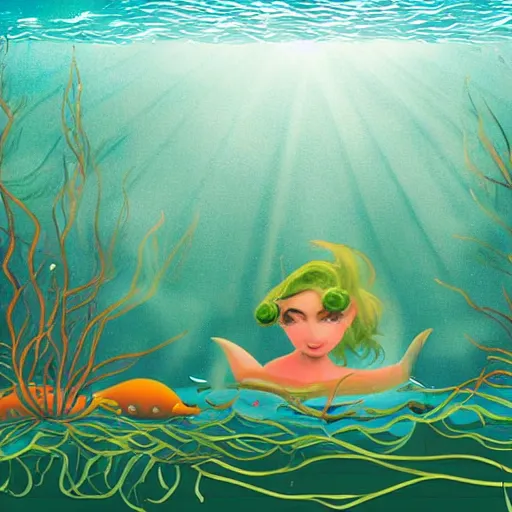 Prompt: cute mermaid robots swimming through sea grass and kelp with light rays underwater