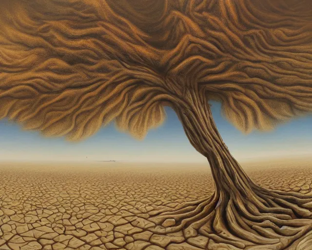 Image similar to a painting of a tree in the desert, an airbrush painting by breyten breytenbach, detailed sand pattern, cgsociety, neo - primitivism, airbrush art, dystopian art, apocalypse landscape