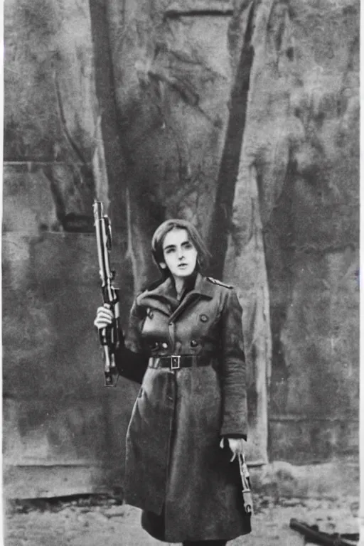 Prompt: photograph of soviet chekist comrade emma watson, standing in a long leather coat with mauser pistol, vintage revolution photograph, famous photo