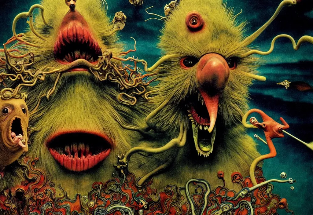 Image similar to realistic detailed portrait movie shot of a screaming birdman wearing black robes, sci fi landscape background by denis villeneuve, amano, yves tanguy, alphonse mucha, max ernst, ernst haeckel, roger dean, masterpiece, rich moody colours, snarling dog teeth