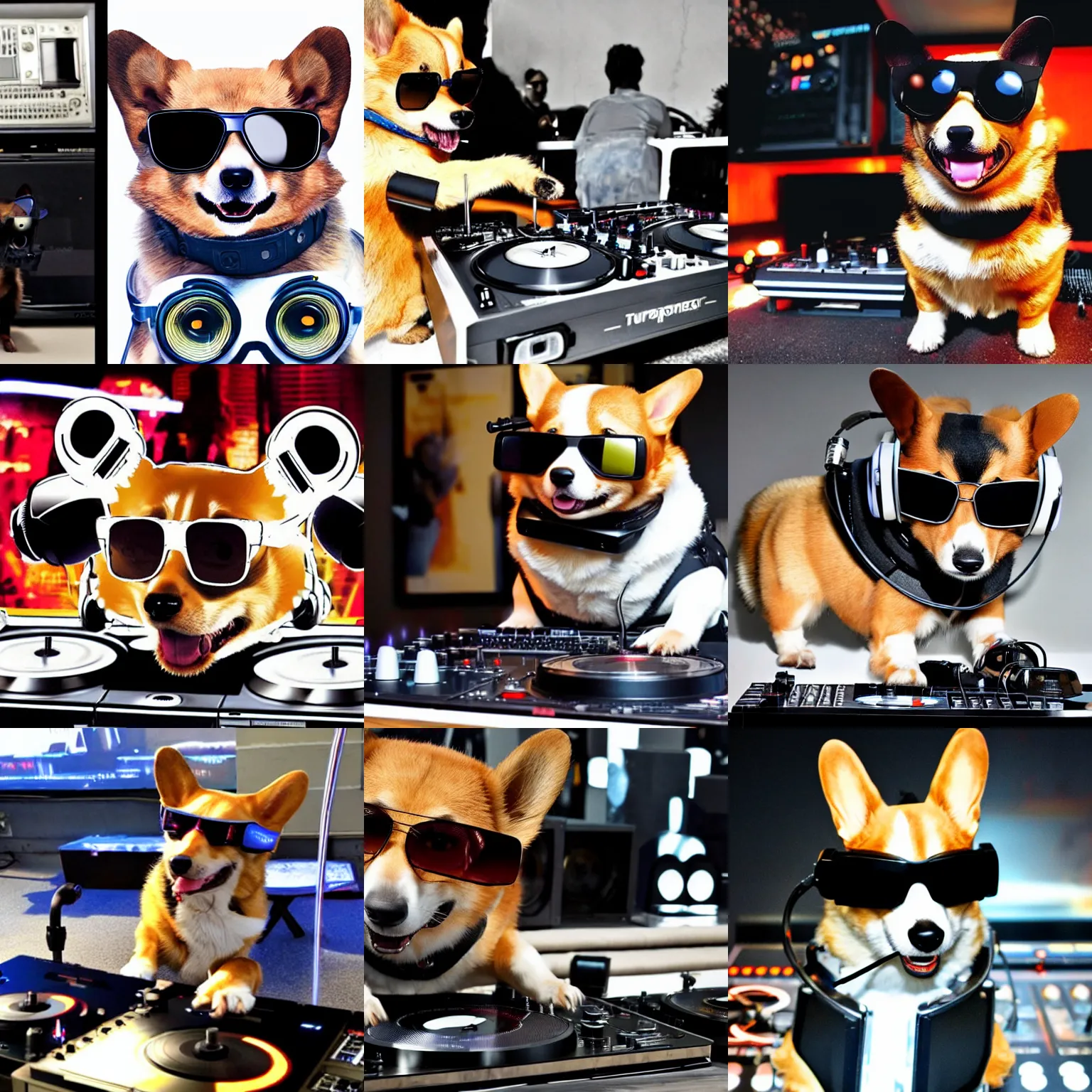 Prompt: a terminator corgi with heaphones and sunglasses DJing with DJ turntables, photoreal