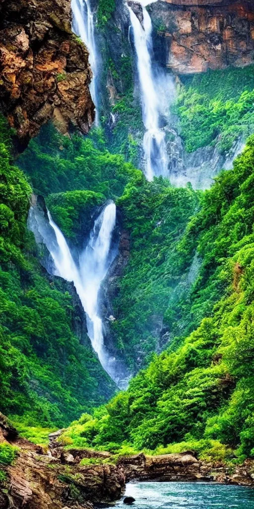Image similar to a beautiful alien landscape, mountains, waterfalls