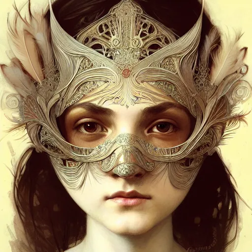 Prompt: Girl wearing an intricate mask made of delicate feathers, face, detailed, elegant, highly detailed, digital painting, artstation, concept art, smooth, sharp focus, illustration, art by Krenz Cushart and Artem Demura and alphonse mucha