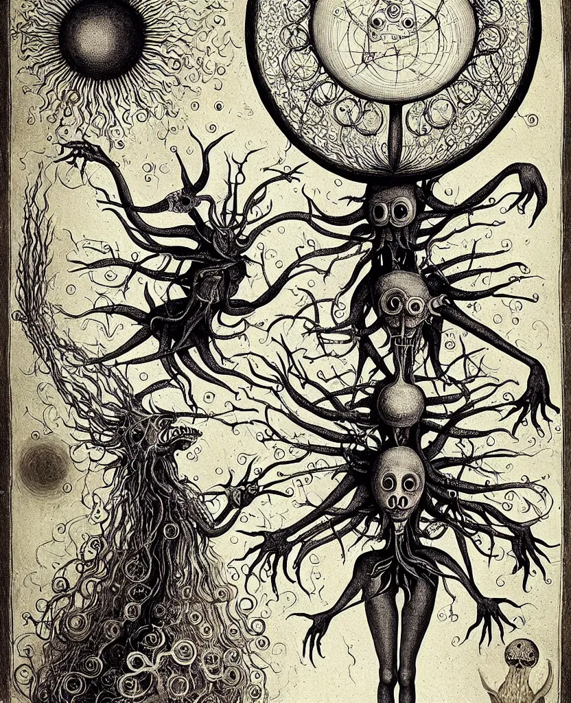 Image similar to whimsical freaky creature sings a unique canto about'as above so below'being ignited by the spirit of haeckel and robert fludd, breakthrough is iminent, glory be to the magic within, painted by ronny khalil