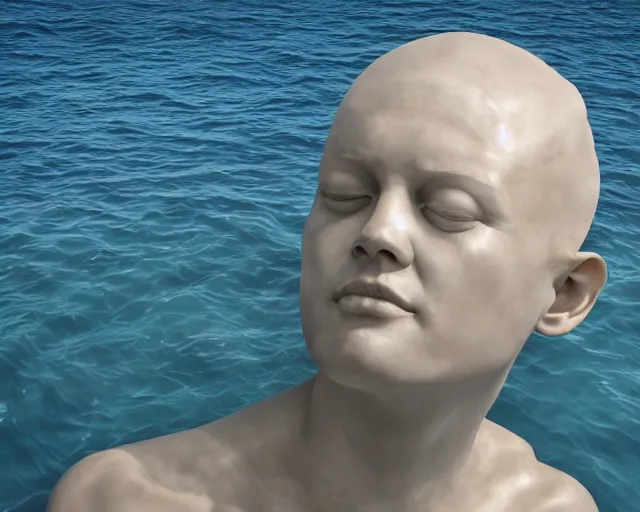 Image similar to a giant sculpture in the ocean of a human head, hyper - realistic, very detailed, realistic water, ray tracing, 8 k resolution, long - shot, sharp focus, low angle, 8 5 mm photograph, wide lens