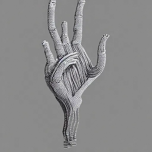 Prompt: a hand is holding a piece of white wire, a stipple by meret oppenheim, featured on zbrush central, cobra, made of paperclips, made of wire, made of beads and yarn