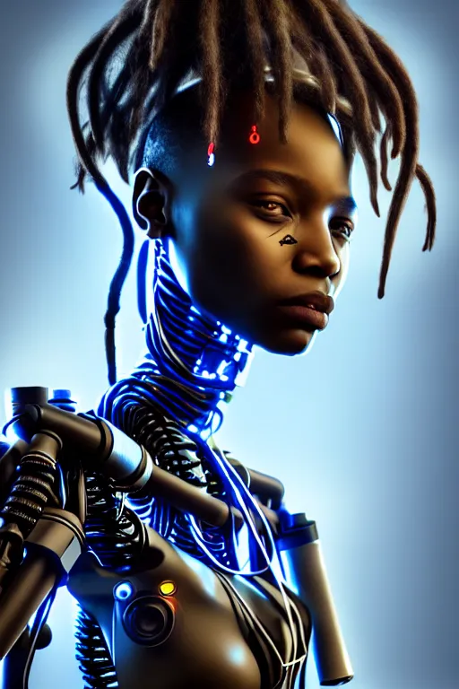 Prompt: a very detailed portrait of a young cyberpunk Africanchild with dreadlocks, biot ech, machine, photorealistic, highly detailed rendering with a cyberpunk style_ robotic arms MetaHuman, unreal engine, defined cheekbones, dramatic cinematic lighting