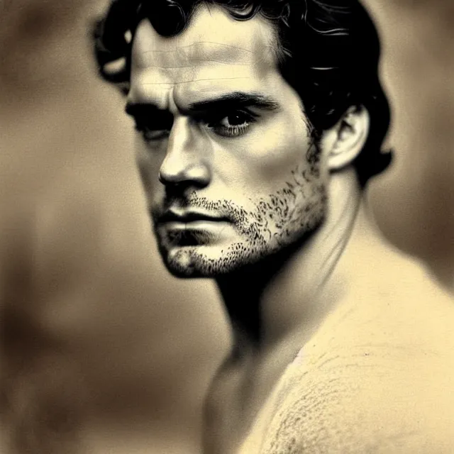 Prompt: a vintage photograph of Henry Cavill by Julia Margaret Cameron, portrait, 40mm lens, shallow depth of field, split lighting