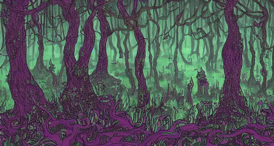 Image similar to A dense and dark enchanted forest with a swamp, by Rebecca Sugar