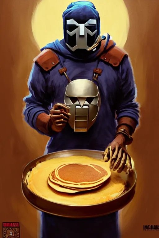 Image similar to mf doom as cooking pancakes animation pixar style, mf doom rapper madvillain gladiator mask, by magali villeneuve, artgerm, jeremy lipkin and michael garmash, rob rey and kentaro miura style, trending on art station