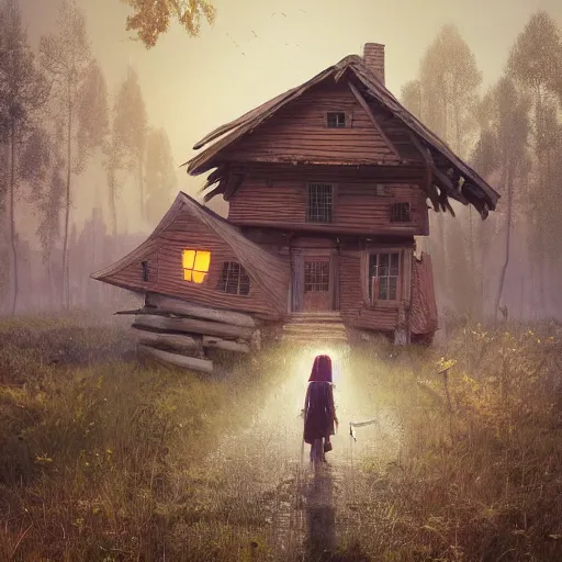 Image similar to woman leaving her wooden broken house by simon stålenhag, very highly detailed, award winning, rendered by Beeple, by Makoto Shinkai, syd meade, starwars, space art concept, digital art, unreal engine, blender, WLOP, trending on artstation, 4K UHD image, octane render