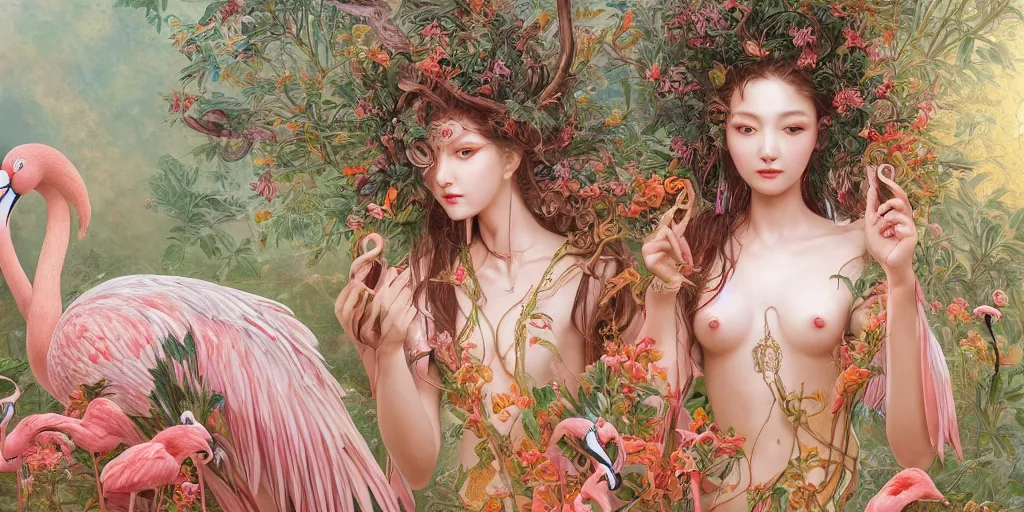 Image similar to breathtaking detailed concept art painting of the goddess of flamingo, orthodox saint, with anxious, piercing eyes, ornate background, amalgamation of leaves and flowers, by Hsiao-Ron Cheng and John James Audubon and Miho Hirano, extremely moody lighting, 8K