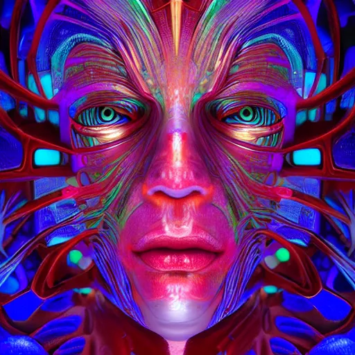 Image similar to Face of a Alien Deity, corals, circuitry, plume made of geometry, extremly detailed digital painting, sharp focus in the style of android jones, artwork of a futuristic artificial intelligence superstar, mystical colors, rim light, beautiful lighting, 8k, stunning scene, raytracing, octane, under water visual distortion, dark tones colors, trending on artstation