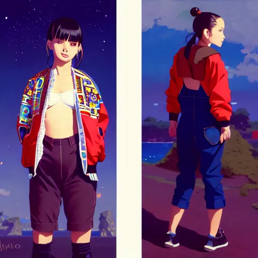 Image similar to a beautiful boyish natalie portman gravure model, wearing oversized mayan bomber jacket and leotard with overalls, bulky poofy bomber jacket with mesoamerican patterns, mesoamerican street fashion, gapmoe yandere grimdark, trending on pixiv fanbox, painted by greg rutkowski makoto shinkai takashi takeuchi studio ghibli, akihiko yoshida