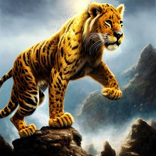 Image similar to a hyperrealistic illustration of a mix of puma and jaguar and lion and tiger jumping over a cliff, giant cat monster, 8 k ultra realistic animal, detailed intricate fur, flame in the fur, with fractal sunlight, award - winning, masterpiece, in the style of tom bagshaw, cedric peyravernay, peter mohrbacher