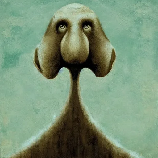 Prompt: A beautiful digital art of of a giant head. The head is bald and has a big nose. The eyes are wide open and have a crazy look. The mouth is open and has sharp teeth. The neck is long and thin. by Catherine Hyde melancholic