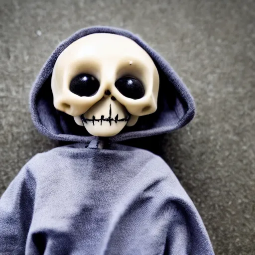 Prompt: an adorable simple ball jointed skeleton doll lovingly crafted by sclupted by hand from porcelain clay on a toy workbench, wearing a little bat poncho hoodie combo with jean shorts, worms eye view, macro camera lens, cinematic, focus