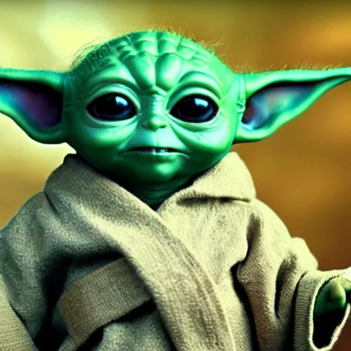 Prompt: A film still of Baby Yoda as a Jedi king realistic,detailed