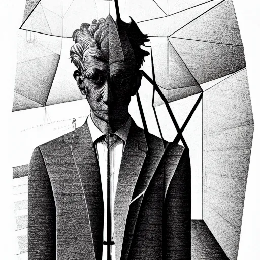 Prompt: grainy spray effect super conceptual figurative post - morden monumental portrait made by escher and piranesi, highly conceptual figurative art, intricate detailed illustration, illustration sharp geometrical detail, vector sharp graphic, controversial, manga 1 9 9 0