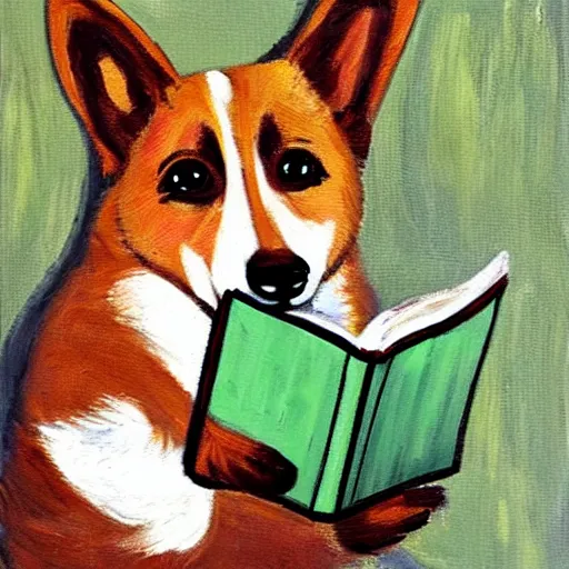 Image similar to oil painting of corgi reading a big book