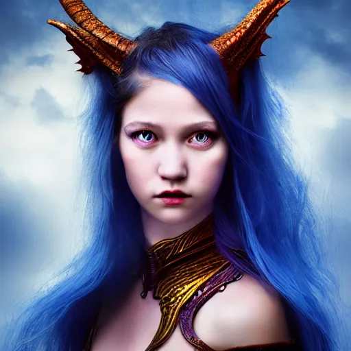 Image similar to The dragon girl portrait, portrait of young girl half dragon half human, dragon girl, dragon skin, dragon eyes, dragon crown, blue hair, long hair, highly detailed, cinematic lighting, Matte painting by David Lynch