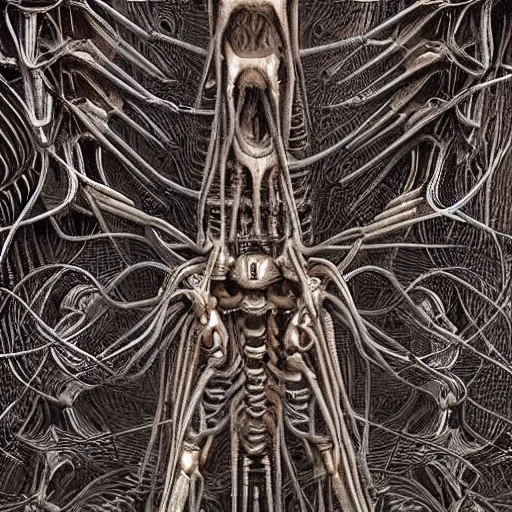 Image similar to organic cyborg alien skeleton style of peter gric Lovecraftian alien centipede dark celestial