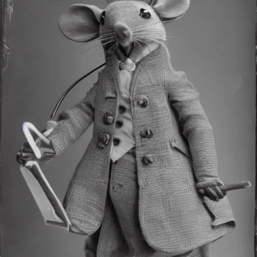 Image similar to old photoraph of a mouse dressed as a man, highly intricate, highly detailed, black and white