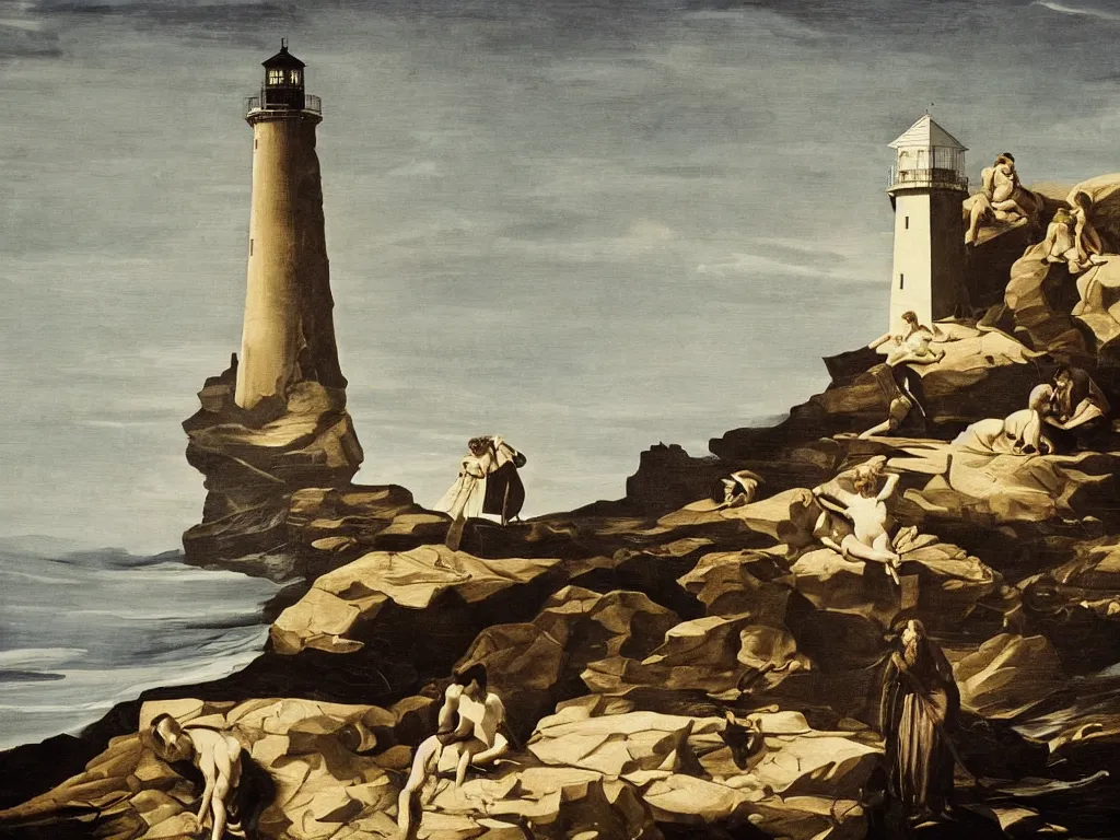 Image similar to stills from the Robert Eggers' movie The Lighthouse painted by Caravaggio, baroque painting, renaissance painting, 8k, highly detailed