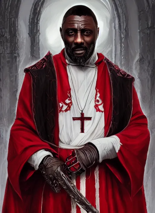 Image similar to a highly detailed illustration of idris elba as a sadistic sharp white haired priest wearing red and white robe, dramatic smiling wielding bloody cross pose, gothic church background, intricate, elegant, highly detailed, centered, digital painting, artstation, concept art, smooth, sharp focus, league of legends concept art, wlop