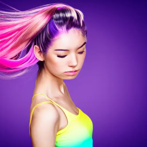 Prompt: a award winning half body shot of a beautiful woman in a croptop with a ombre purple pink teal hairstyle with head in motion and hair flying, outrun, vaporware, vivid colors, highly detailed, fine detail, intricate