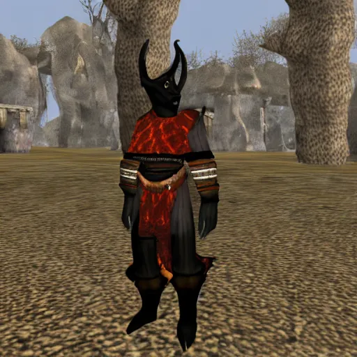 Image similar to an anthropomorphic black goat wizard in morrowind, screenshot