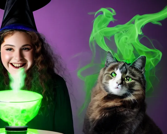 Prompt: close up portrait, happy teen witch and her cat mixing a spell in a cauldron, faint wispy green and purple smoke fills the air, a witch hat, cinematic, green glowing smoke is coming out of the cauldron, ingredients on the table, apothecary shelves in the background, still from nickelodeon show all that