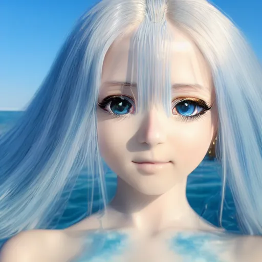 Image similar to a 3D render of a very beautiful anime girl wearing a dress made of water standing in a crystal lake , full body, long white hair with azure blue highlights blending into the dress , azure blue watery eyes, full round face, seductive over the shoulder glances , lens flare, cinematic lighting, golden hour, medium shot, mid-shot, auto-focus , highly realistically detailed, trending on artstation, Unreal Engine 4k, Stanley Artgerm Lau, WLOP, Rossdraws, James Jean, Andrei Riabovitchev, Marc Simonetti, and Sakimichan